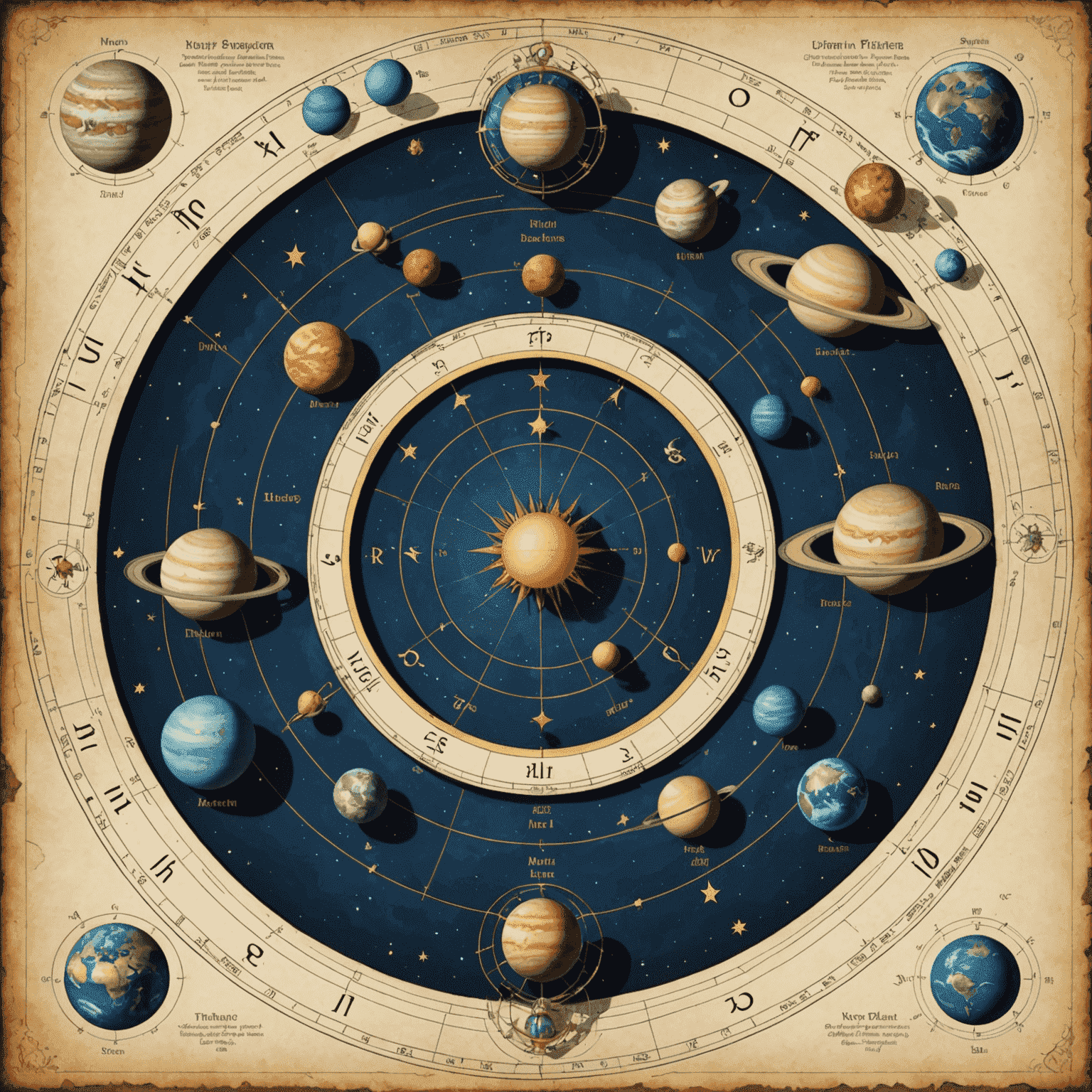 Diagram ukazující různé planety a jejich postavení v horoskopu
